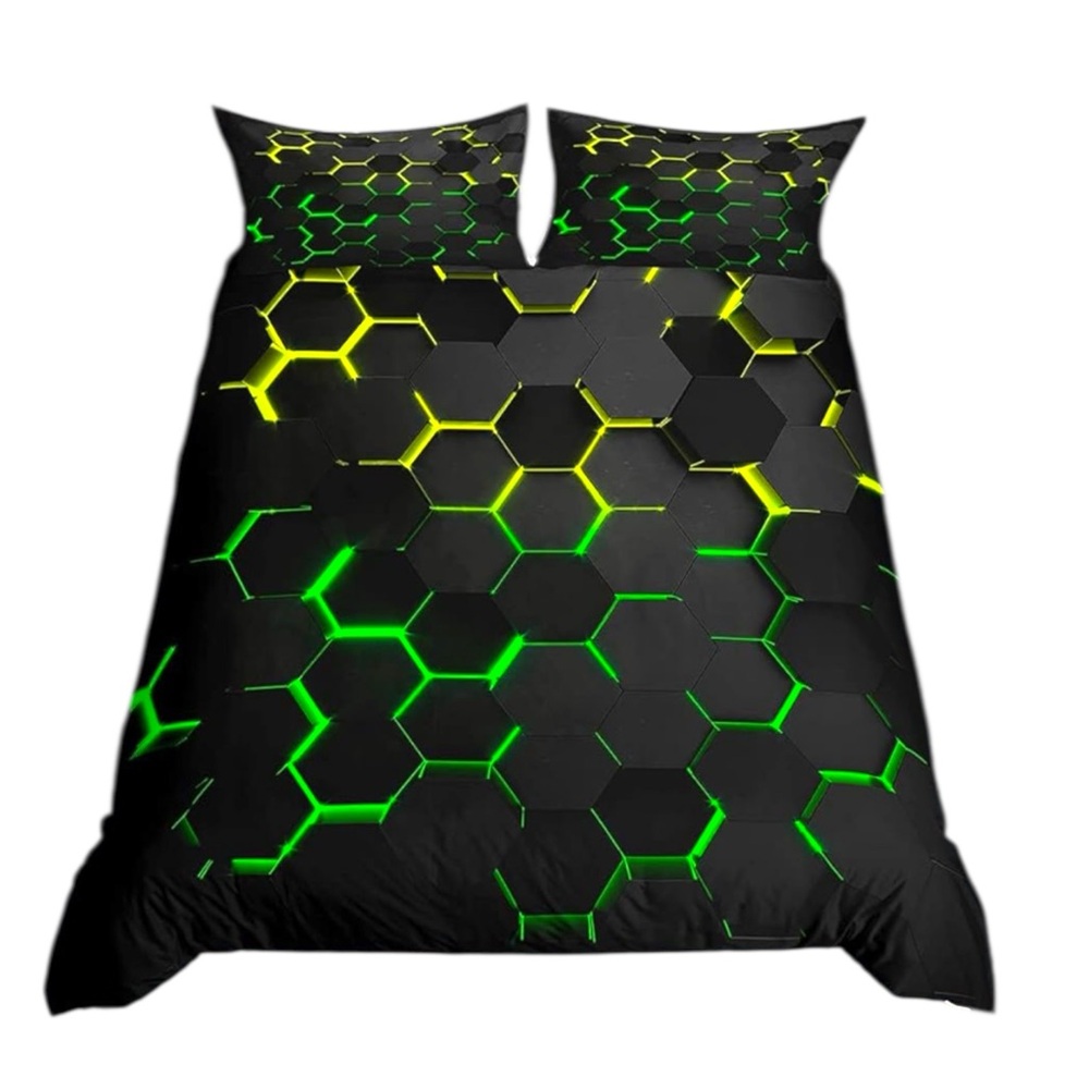 Queen Size Hexagon Pattern Black and Green Bedding Set
